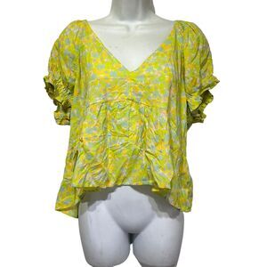 Abound Yellow Floral V-neck Puff Sleeves Swing crop Top Size 1X
